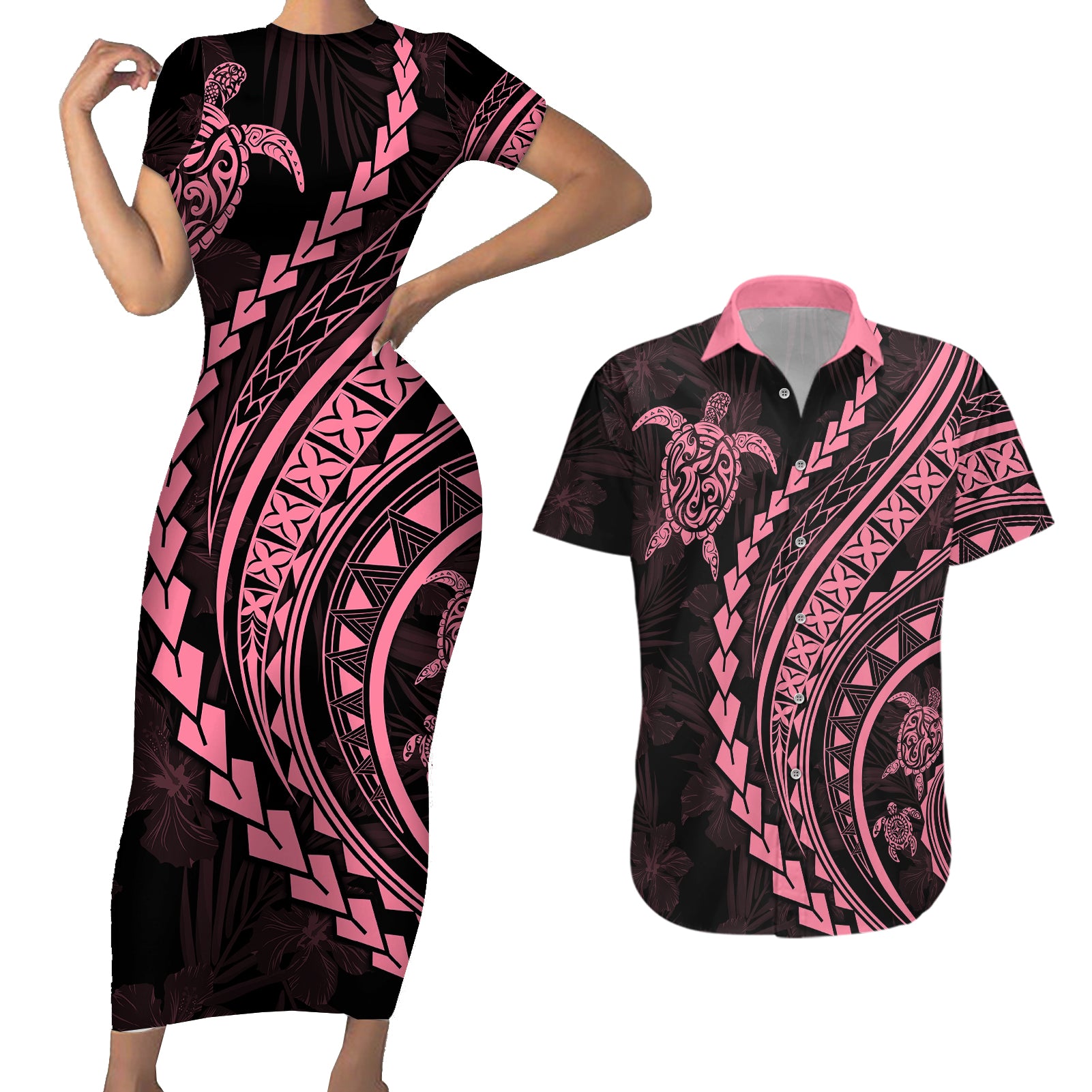 Polynesian Pride Couples Matching Short Sleeve Bodycon Dress and Hawaiian Shirt Turtle Hibiscus Luxury Style - Carnation Pink LT7 - Wonder Print Shop
