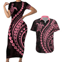 Polynesian Pride Couples Matching Short Sleeve Bodycon Dress and Hawaiian Shirt Turtle Hibiscus Luxury Style - Carnation Pink LT7 - Wonder Print Shop