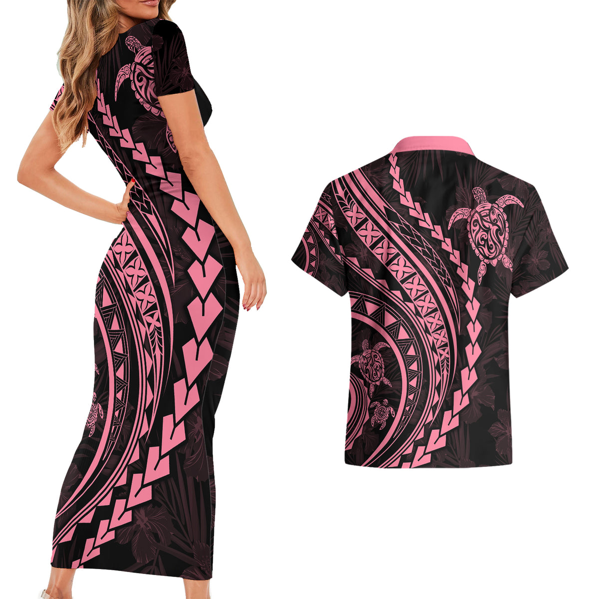 Polynesian Pride Couples Matching Short Sleeve Bodycon Dress and Hawaiian Shirt Turtle Hibiscus Luxury Style - Carnation Pink LT7 - Wonder Print Shop