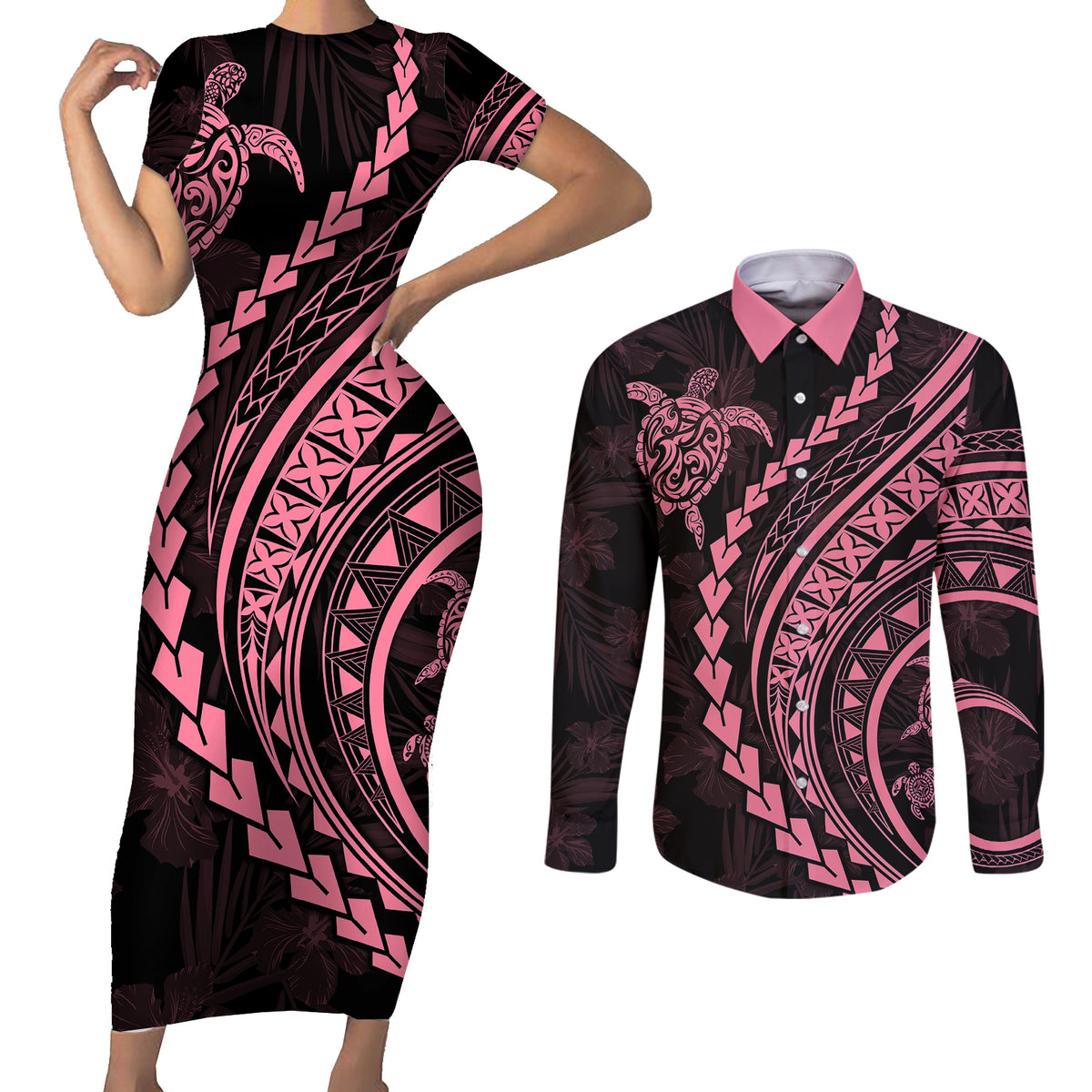 Polynesian Pride Couples Matching Short Sleeve Bodycon Dress and Long Sleeve Button Shirts Turtle Hibiscus Luxury Style - Carnation Pink LT7 - Wonder Print Shop