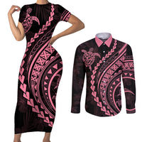 Polynesian Pride Couples Matching Short Sleeve Bodycon Dress and Long Sleeve Button Shirts Turtle Hibiscus Luxury Style - Carnation Pink LT7 - Wonder Print Shop