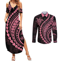 Polynesian Pride Couples Matching Summer Maxi Dress and Long Sleeve Button Shirts Turtle Hibiscus Luxury Style - Carnation Pink LT7 - Wonder Print Shop