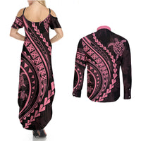 Polynesian Pride Couples Matching Summer Maxi Dress and Long Sleeve Button Shirts Turtle Hibiscus Luxury Style - Carnation Pink LT7 - Wonder Print Shop