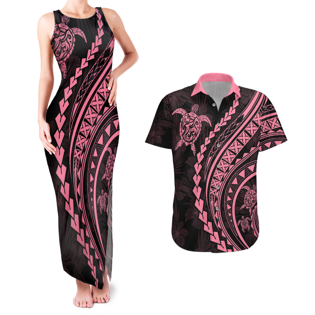 Polynesian Pride Couples Matching Tank Maxi Dress and Hawaiian Shirt Turtle Hibiscus Luxury Style - Carnation Pink LT7 - Wonder Print Shop