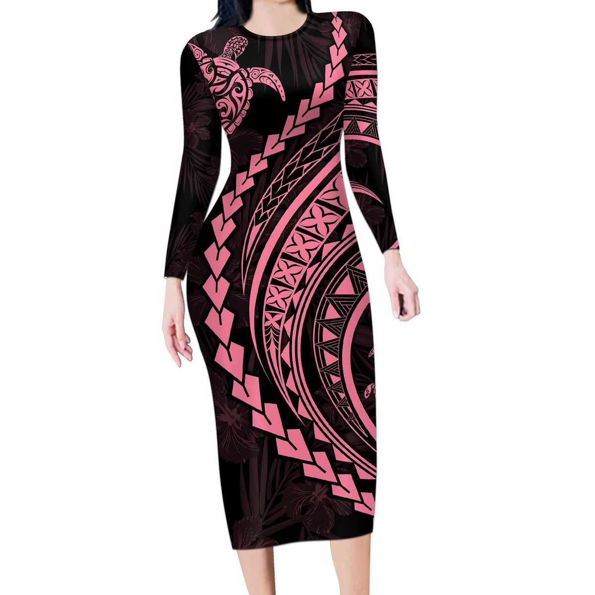 Polynesian Pride Long Sleeve Bodycon Dress Turtle Hibiscus Luxury Style - Carnation Pink - Wonder Print Shop