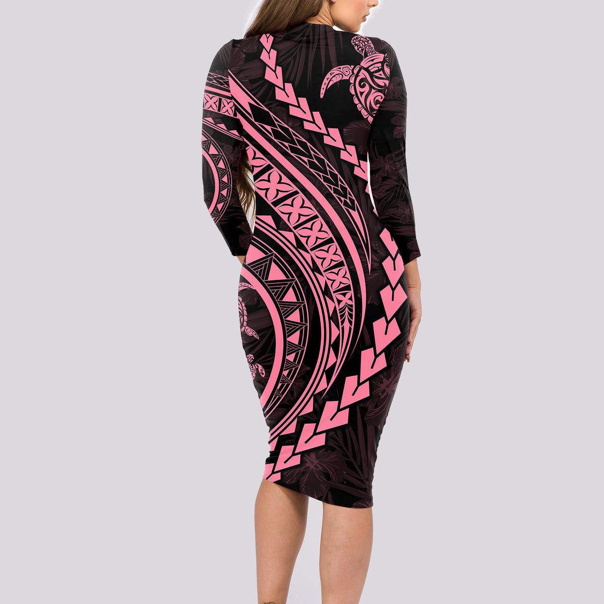 Polynesian Pride Long Sleeve Bodycon Dress Turtle Hibiscus Luxury Style - Carnation Pink - Wonder Print Shop