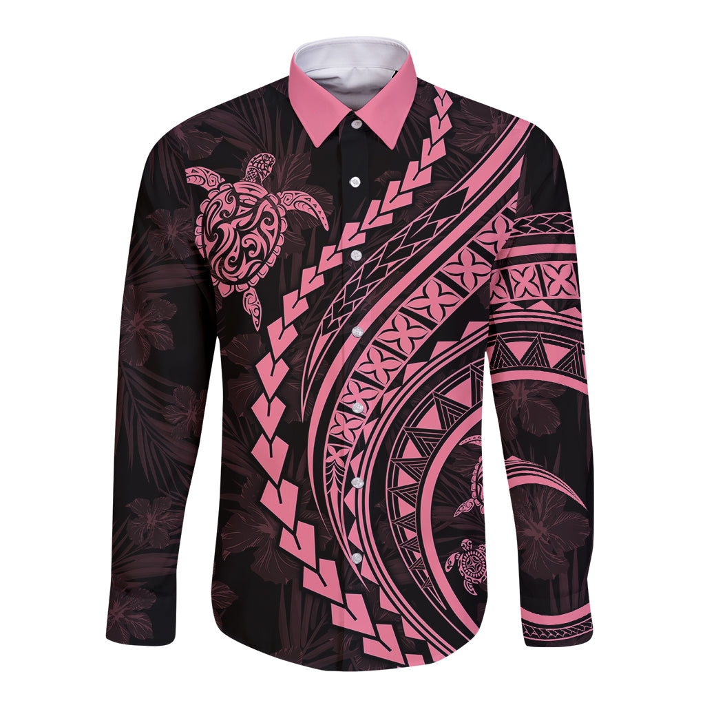 Polynesian Pride Long Sleeve Button Shirt Turtle Hibiscus Luxury Style - Carnation Pink - Wonder Print Shop