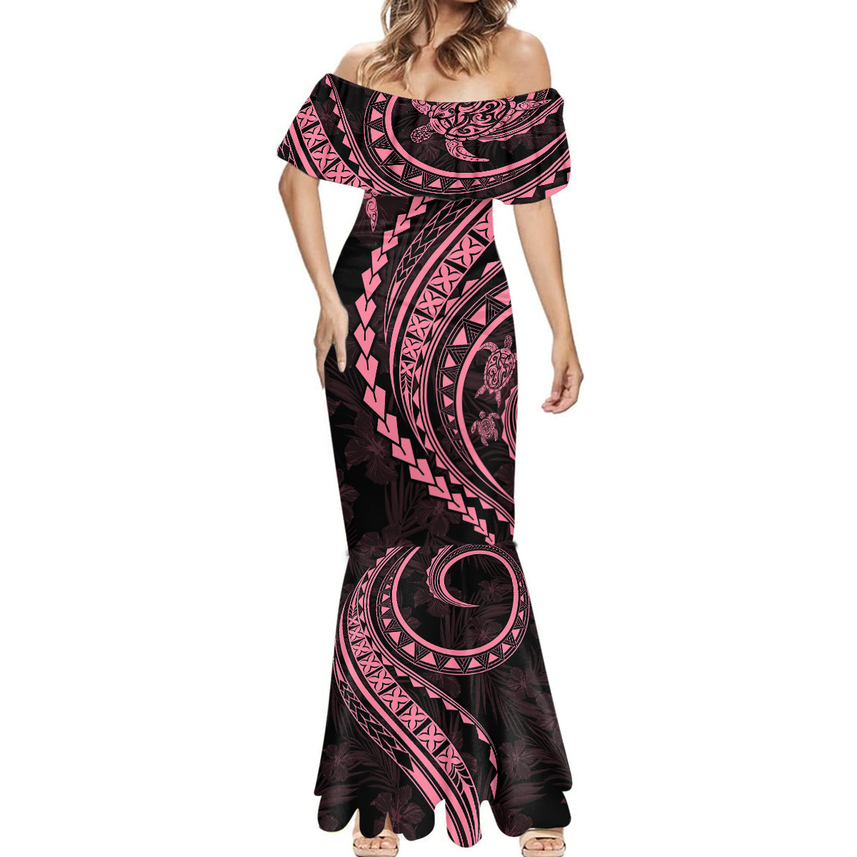 Polynesian Pride Mermaid Dress Turtle Hibiscus Luxury Style - Carnation Pink - Wonder Print Shop