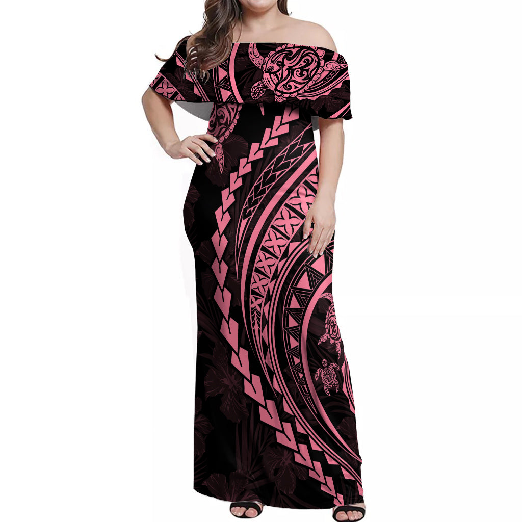 Polynesian Pride Off Shoulder Maxi Dress Turtle Hibiscus Luxury Style - Carnation Pink - Wonder Print Shop