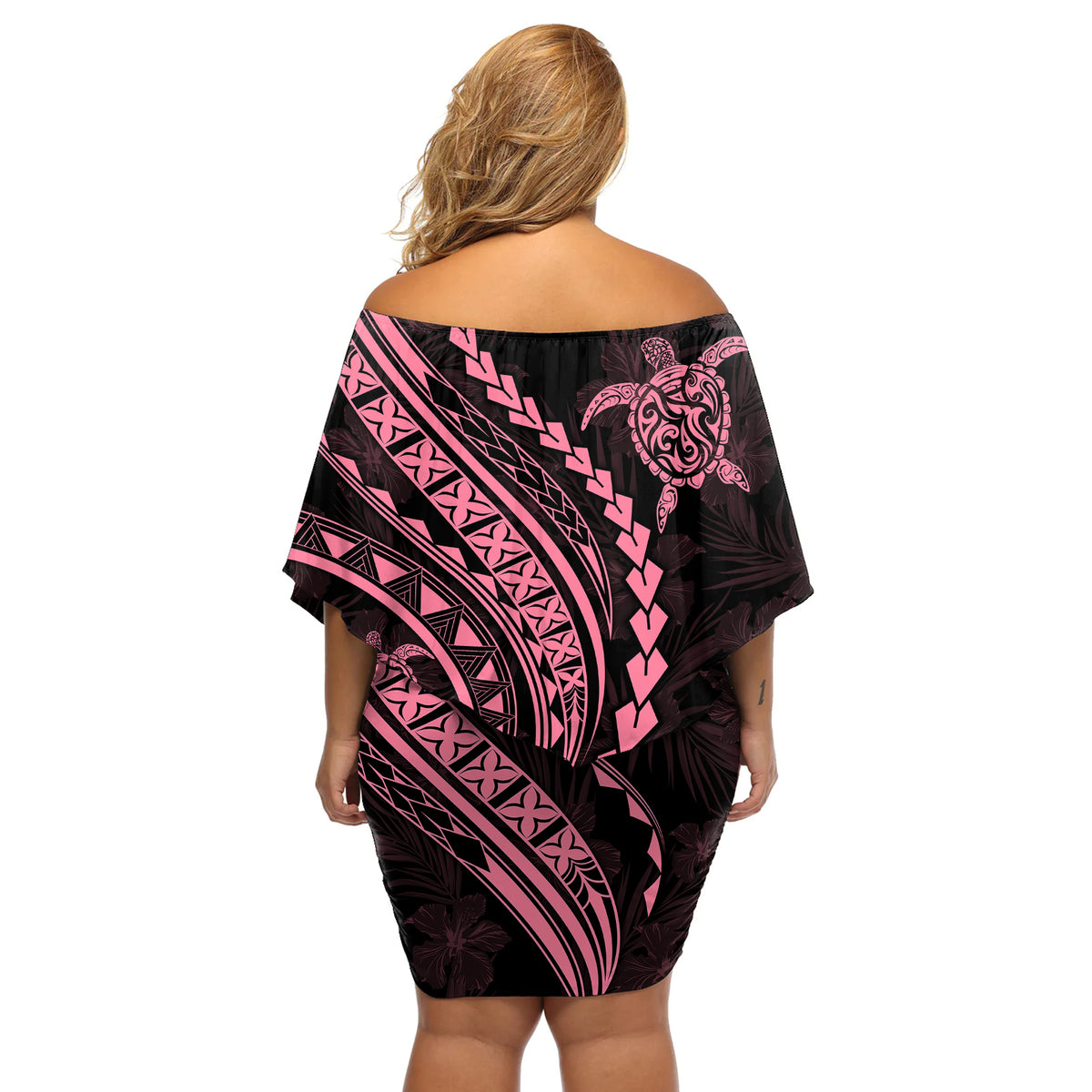 Polynesian Pride Off Shoulder Short Dress Turtle Hibiscus Luxury Style - Carnation Pink - Wonder Print Shop