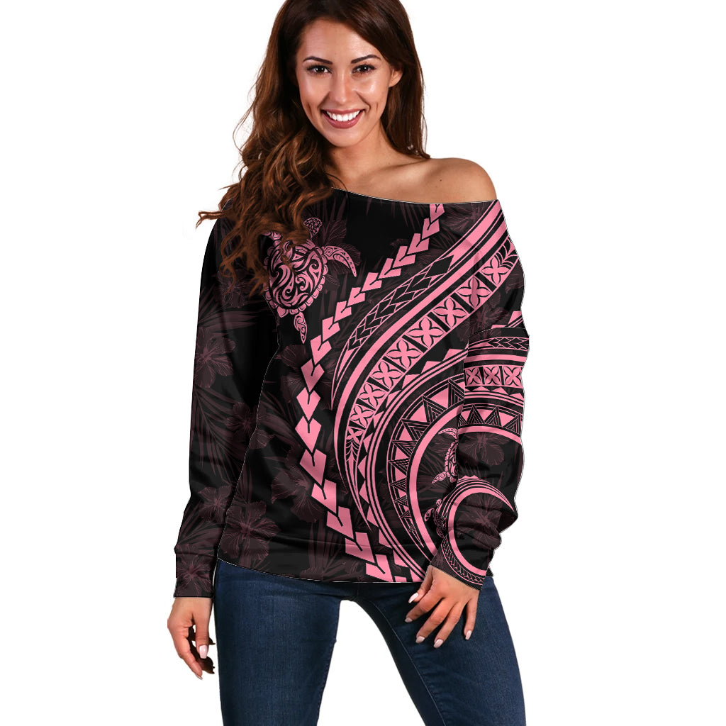 Polynesian Pride Off Shoulder Sweater Turtle Hibiscus Luxury Style - Carnation Pink - Wonder Print Shop