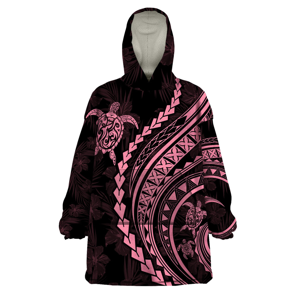 Polynesian Pride Wearable Blanket Hoodie Turtle Hibiscus Luxury Style - Carnation Pink - Wonder Print Shop