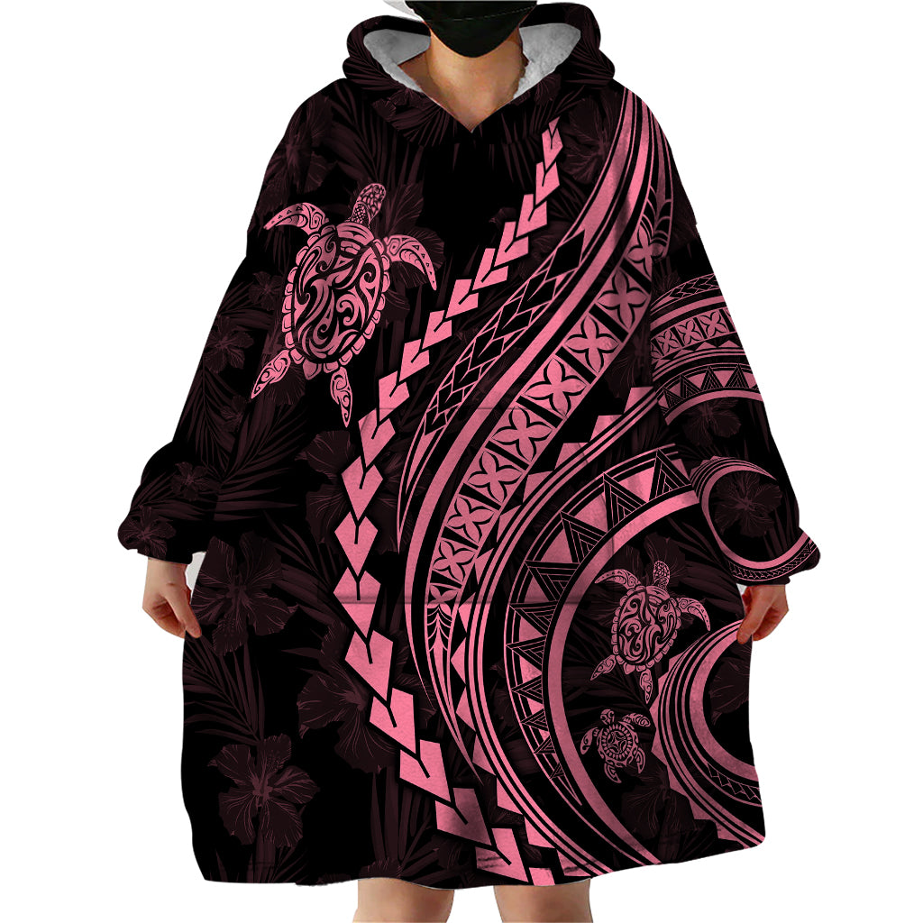 Polynesian Pride Wearable Blanket Hoodie Turtle Hibiscus Luxury Style - Carnation Pink - Wonder Print Shop