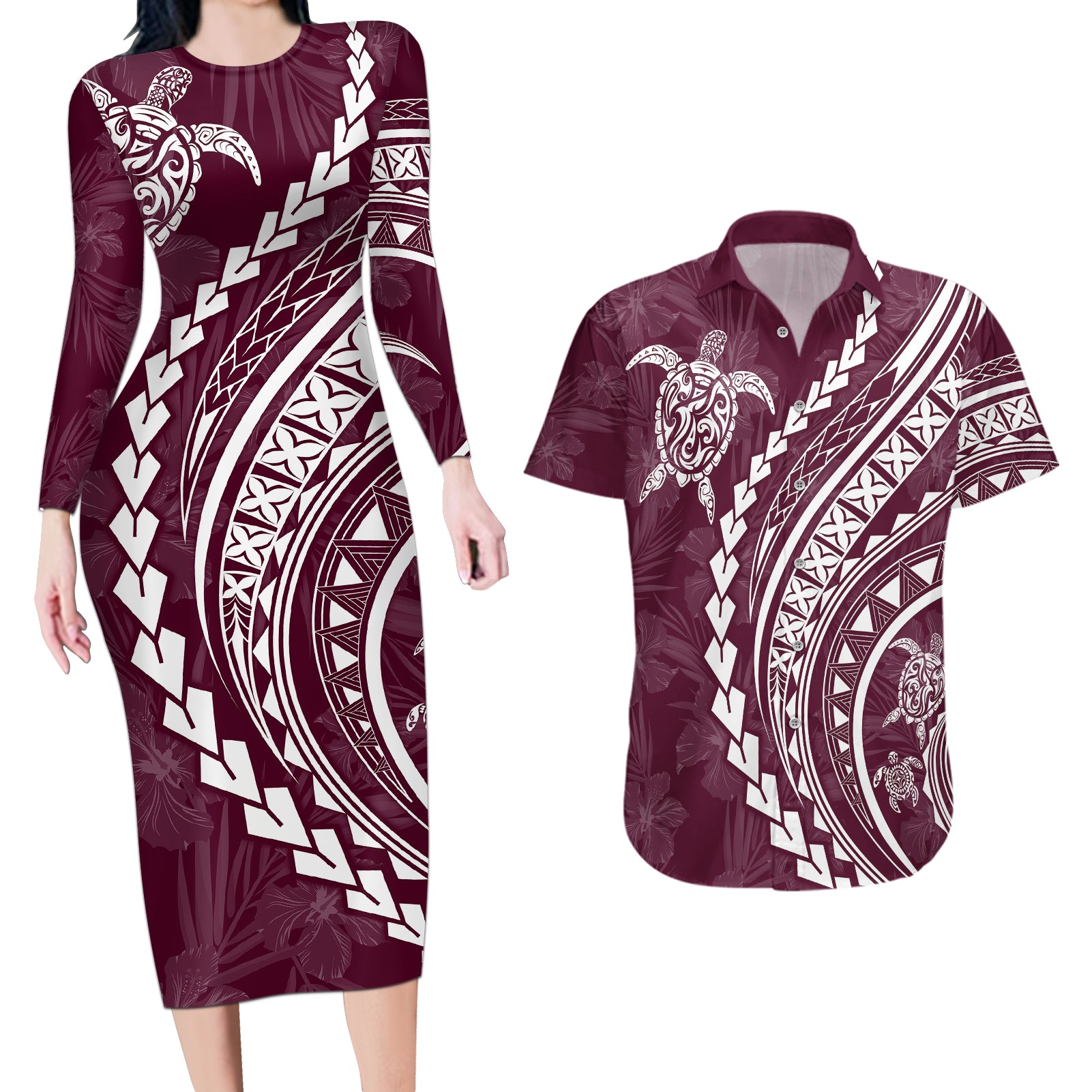 Polynesian Pride Couples Matching Long Sleeve Bodycon Dress and Hawaiian Shirt Turtle Hibiscus Luxury Style - Champagne LT7 - Wonder Print Shop