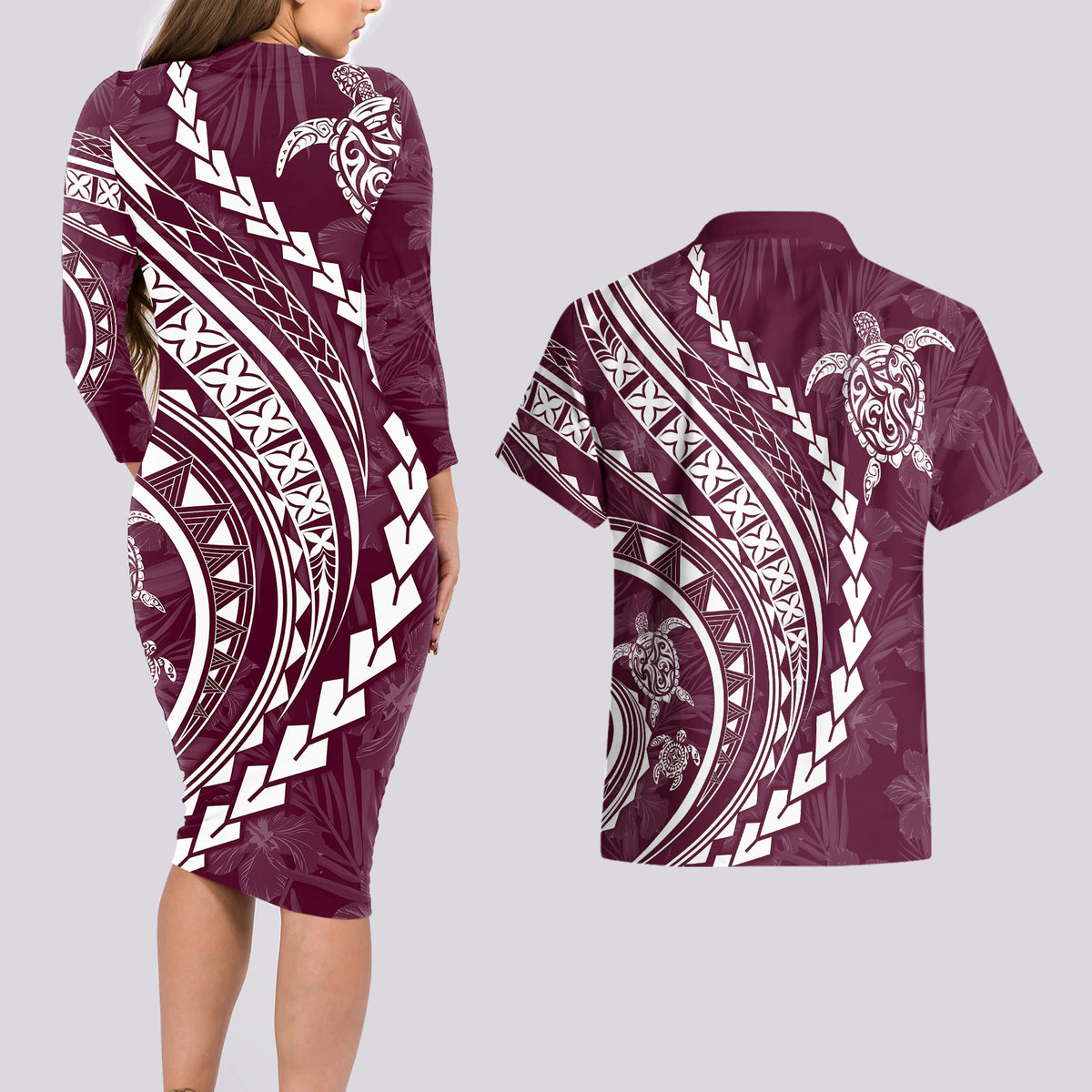 Polynesian Pride Couples Matching Long Sleeve Bodycon Dress and Hawaiian Shirt Turtle Hibiscus Luxury Style - Champagne LT7 - Wonder Print Shop