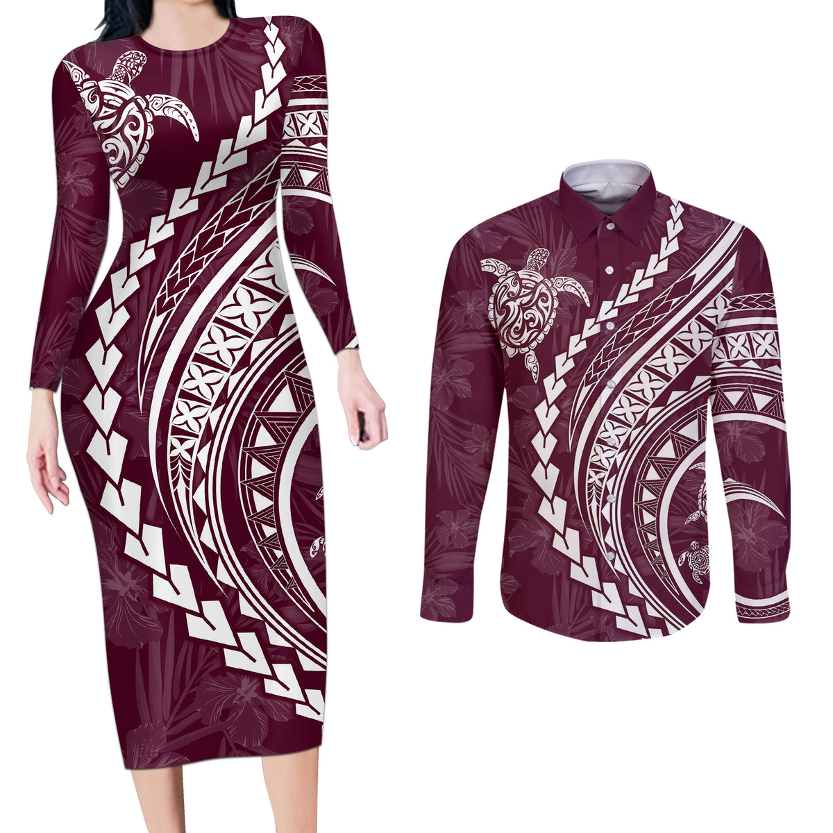 Polynesian Pride Couples Matching Long Sleeve Bodycon Dress and Long Sleeve Button Shirts Turtle Hibiscus Luxury Style - Champagne LT7 - Wonder Print Shop