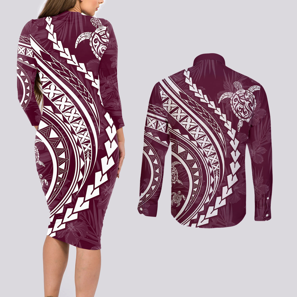 Polynesian Pride Couples Matching Long Sleeve Bodycon Dress and Long Sleeve Button Shirts Turtle Hibiscus Luxury Style - Champagne LT7 - Wonder Print Shop