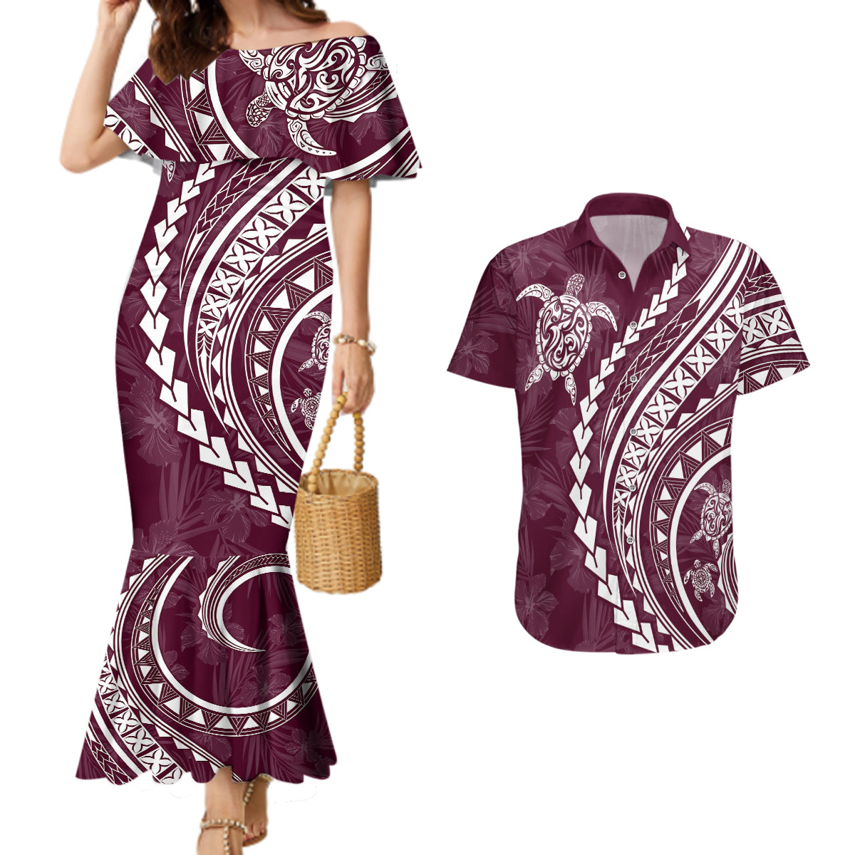 Polynesian Pride Couples Matching Mermaid Dress and Hawaiian Shirt Turtle Hibiscus Luxury Style - Champagne LT7 - Wonder Print Shop