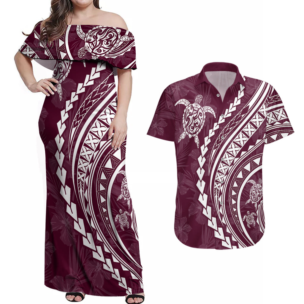Polynesian Pride Couples Matching Off Shoulder Maxi Dress and Hawaiian Shirt Turtle Hibiscus Luxury Style - Champagne LT7 - Wonder Print Shop