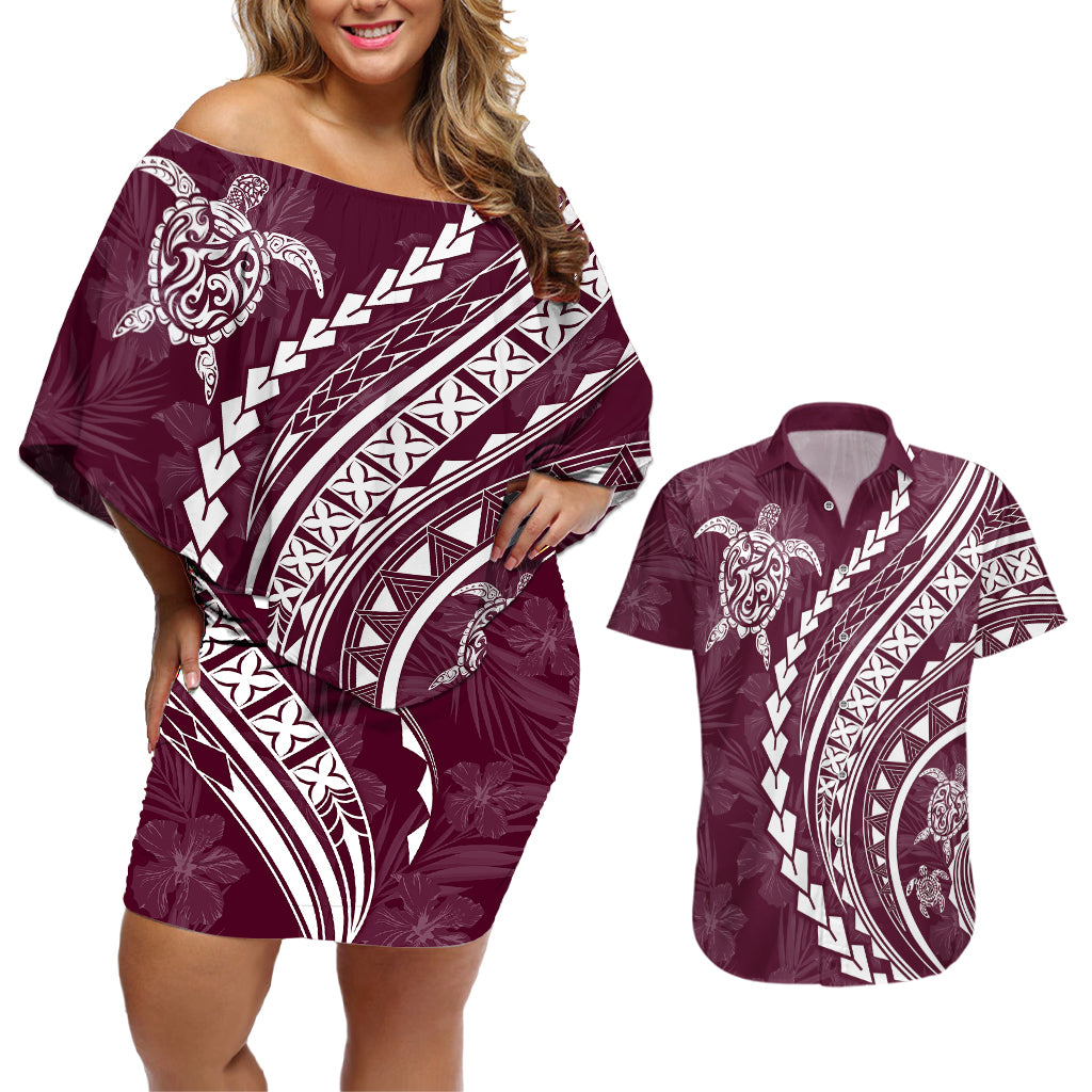 Polynesian Pride Couples Matching Off Shoulder Short Dress and Hawaiian Shirt Turtle Hibiscus Luxury Style - Champagne LT7 - Wonder Print Shop
