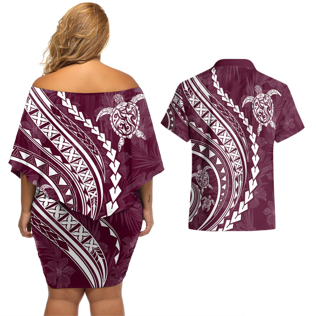 Polynesian Pride Couples Matching Off Shoulder Short Dress and Hawaiian Shirt Turtle Hibiscus Luxury Style - Champagne LT7 - Wonder Print Shop