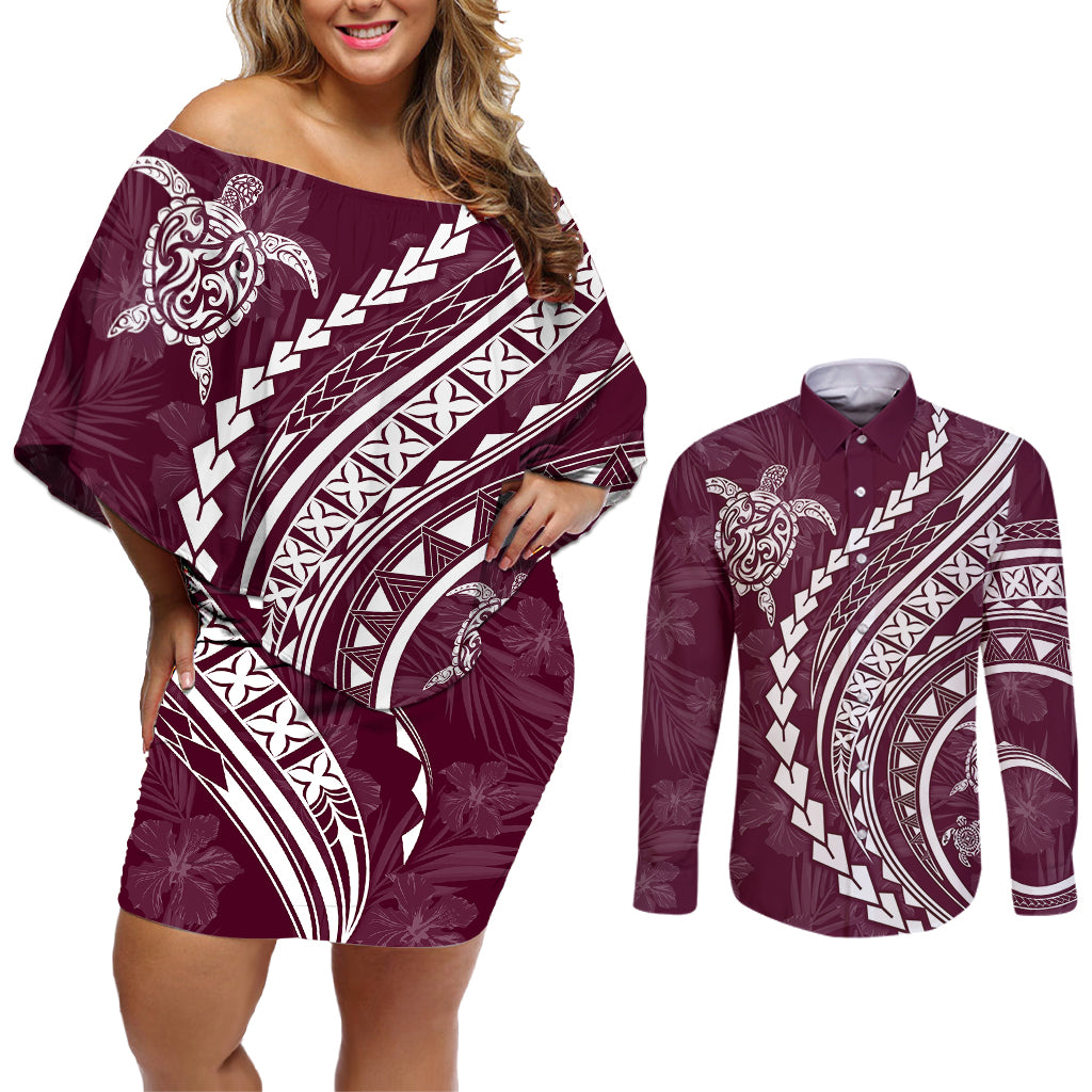Polynesian Pride Couples Matching Off Shoulder Short Dress and Long Sleeve Button Shirts Turtle Hibiscus Luxury Style - Champagne LT7 - Wonder Print Shop