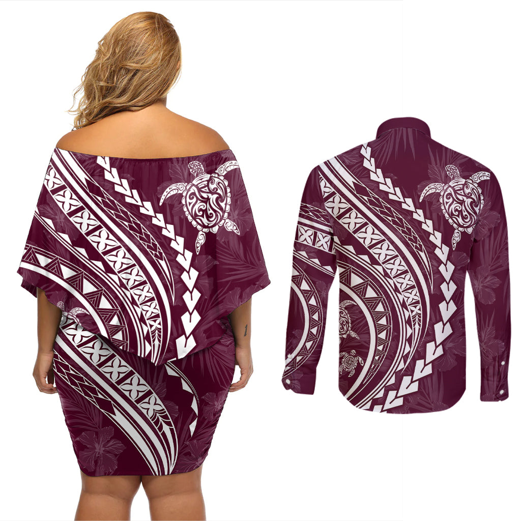 Polynesian Pride Couples Matching Off Shoulder Short Dress and Long Sleeve Button Shirts Turtle Hibiscus Luxury Style - Champagne LT7 - Wonder Print Shop