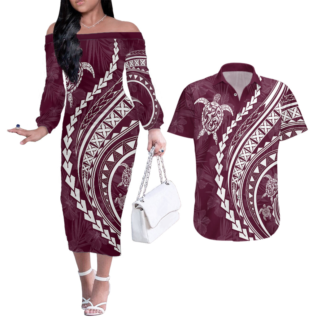 Polynesian Pride Couples Matching Off The Shoulder Long Sleeve Dress and Hawaiian Shirt Turtle Hibiscus Luxury Style - Champagne LT7 - Wonder Print Shop