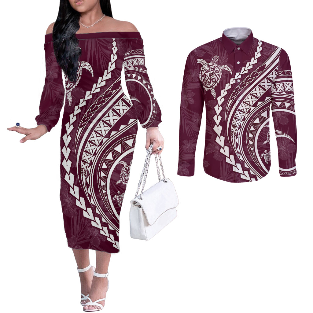 polynesian-pride-couples-matching-off-the-shoulder-long-sleeve-dress-and-long-sleeve-button-shirts-turtle-hibiscus-luxury-style-champagne