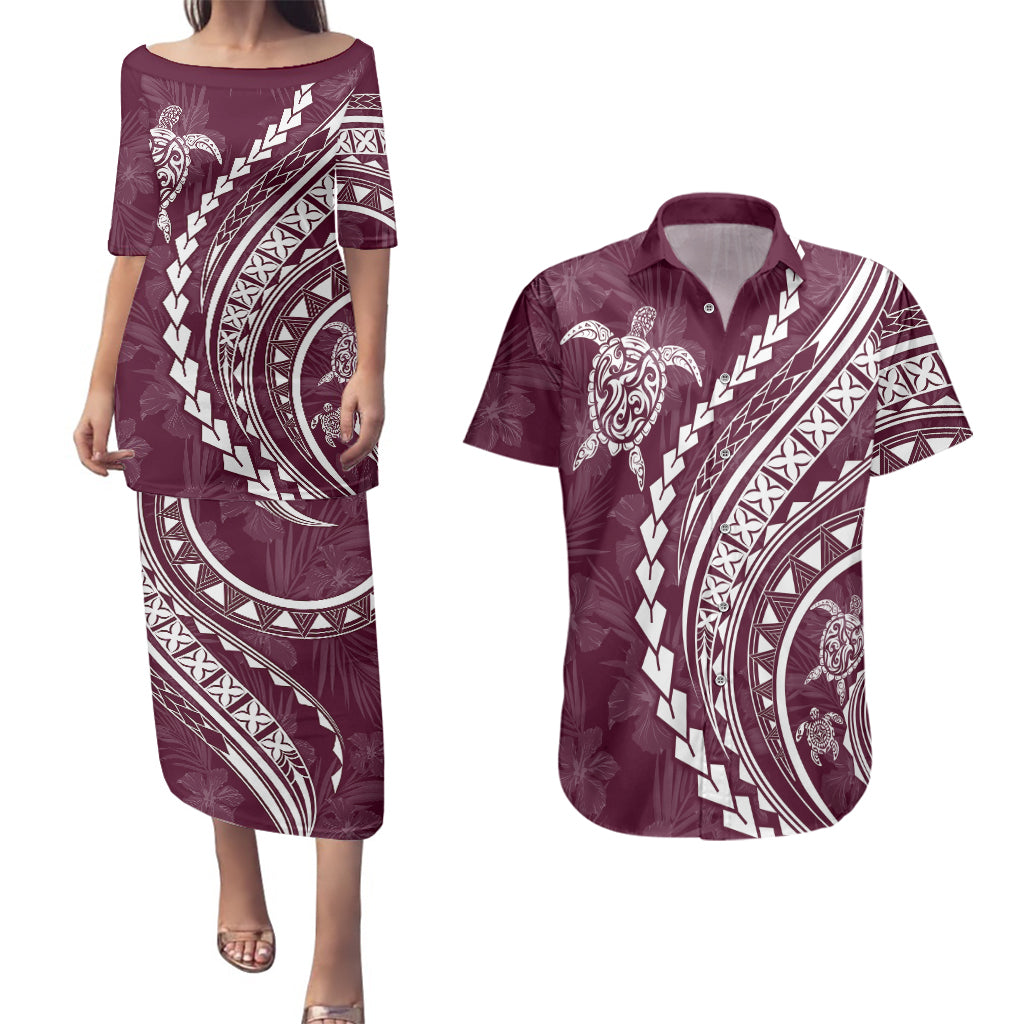 Polynesian Pride Couples Matching Puletasi Dress and Hawaiian Shirt Turtle Hibiscus Luxury Style - Champagne LT7 - Wonder Print Shop