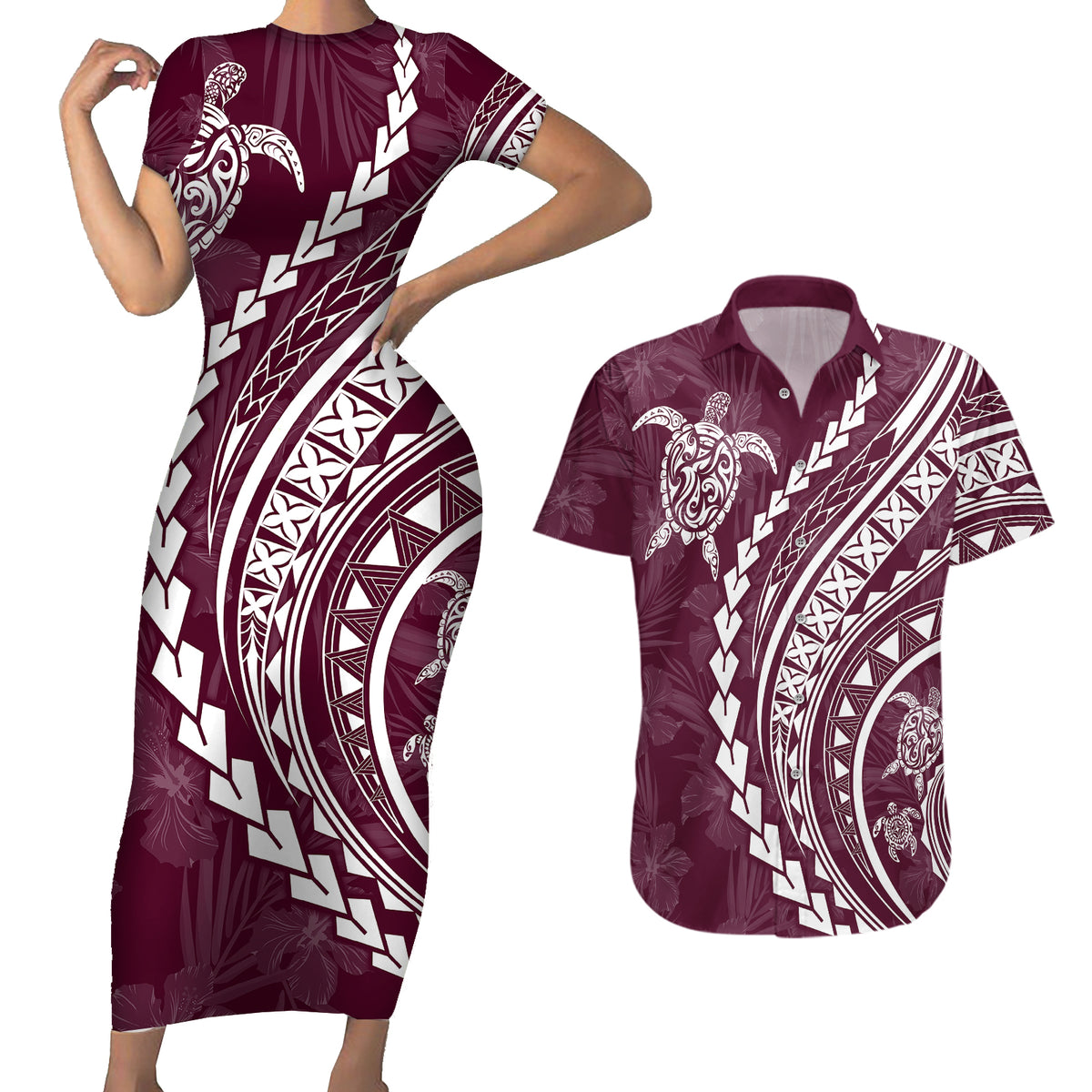 Polynesian Pride Couples Matching Short Sleeve Bodycon Dress and Hawaiian Shirt Turtle Hibiscus Luxury Style - Champagne LT7 - Wonder Print Shop