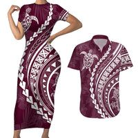 Polynesian Pride Couples Matching Short Sleeve Bodycon Dress and Hawaiian Shirt Turtle Hibiscus Luxury Style - Champagne LT7 - Wonder Print Shop