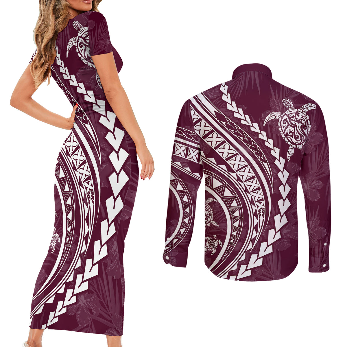 Polynesian Pride Couples Matching Short Sleeve Bodycon Dress and Long Sleeve Button Shirts Turtle Hibiscus Luxury Style - Champagne LT7 - Wonder Print Shop