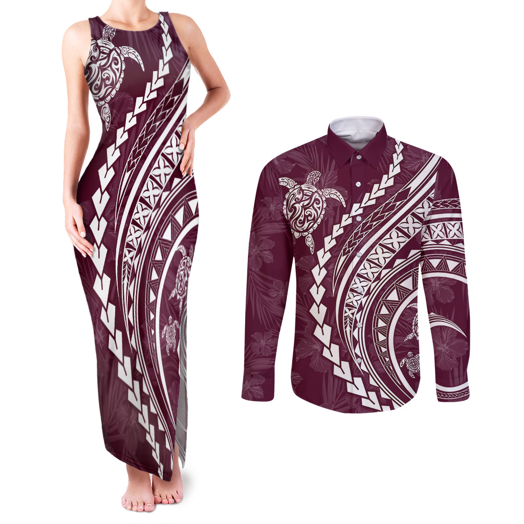 Polynesian Pride Couples Matching Tank Maxi Dress and Long Sleeve Button Shirts Turtle Hibiscus Luxury Style - Champagne LT7 - Wonder Print Shop