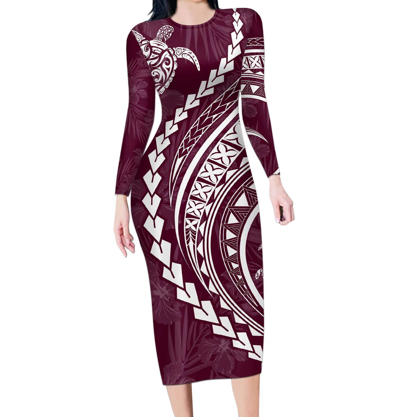 Polynesian Pride Long Sleeve Bodycon Dress Turtle Hibiscus Luxury Style - Champagne - Wonder Print Shop