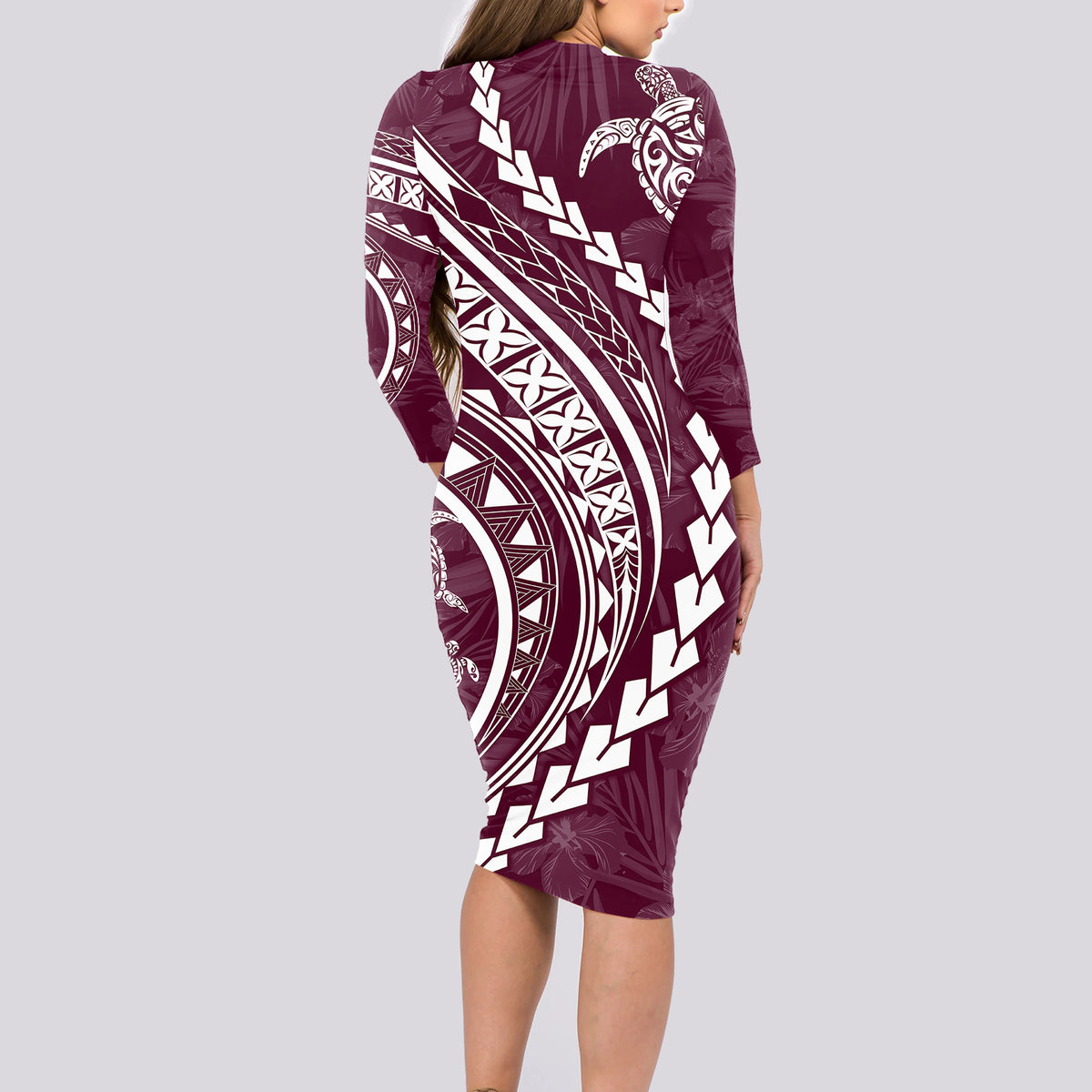Polynesian Pride Long Sleeve Bodycon Dress Turtle Hibiscus Luxury Style - Champagne - Wonder Print Shop
