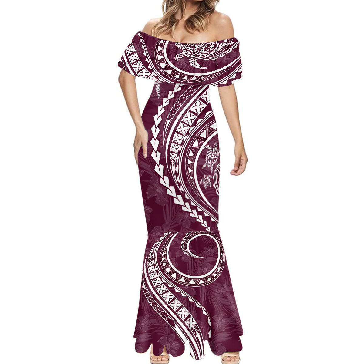 Polynesian Pride Mermaid Dress Turtle Hibiscus Luxury Style - Champagne - Wonder Print Shop