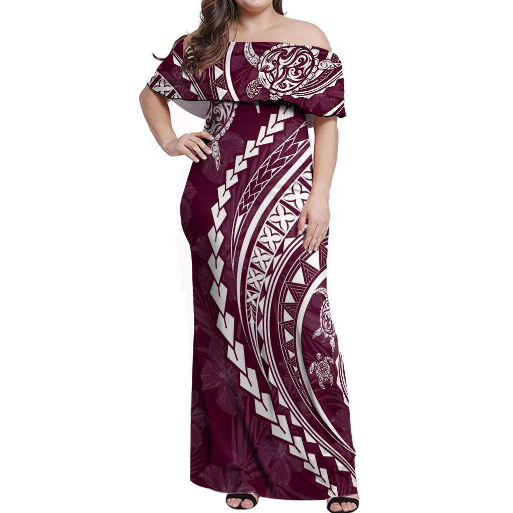 Polynesian Pride Off Shoulder Maxi Dress Turtle Hibiscus Luxury Style - Champagne - Wonder Print Shop