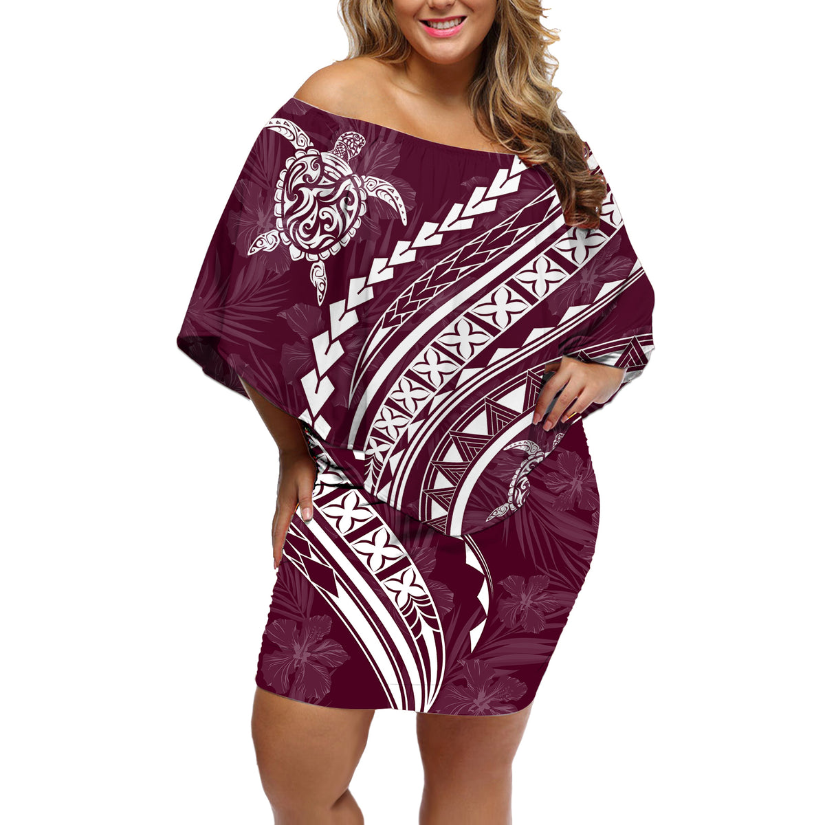 Polynesian Pride Off Shoulder Short Dress Turtle Hibiscus Luxury Style - Champagne - Wonder Print Shop