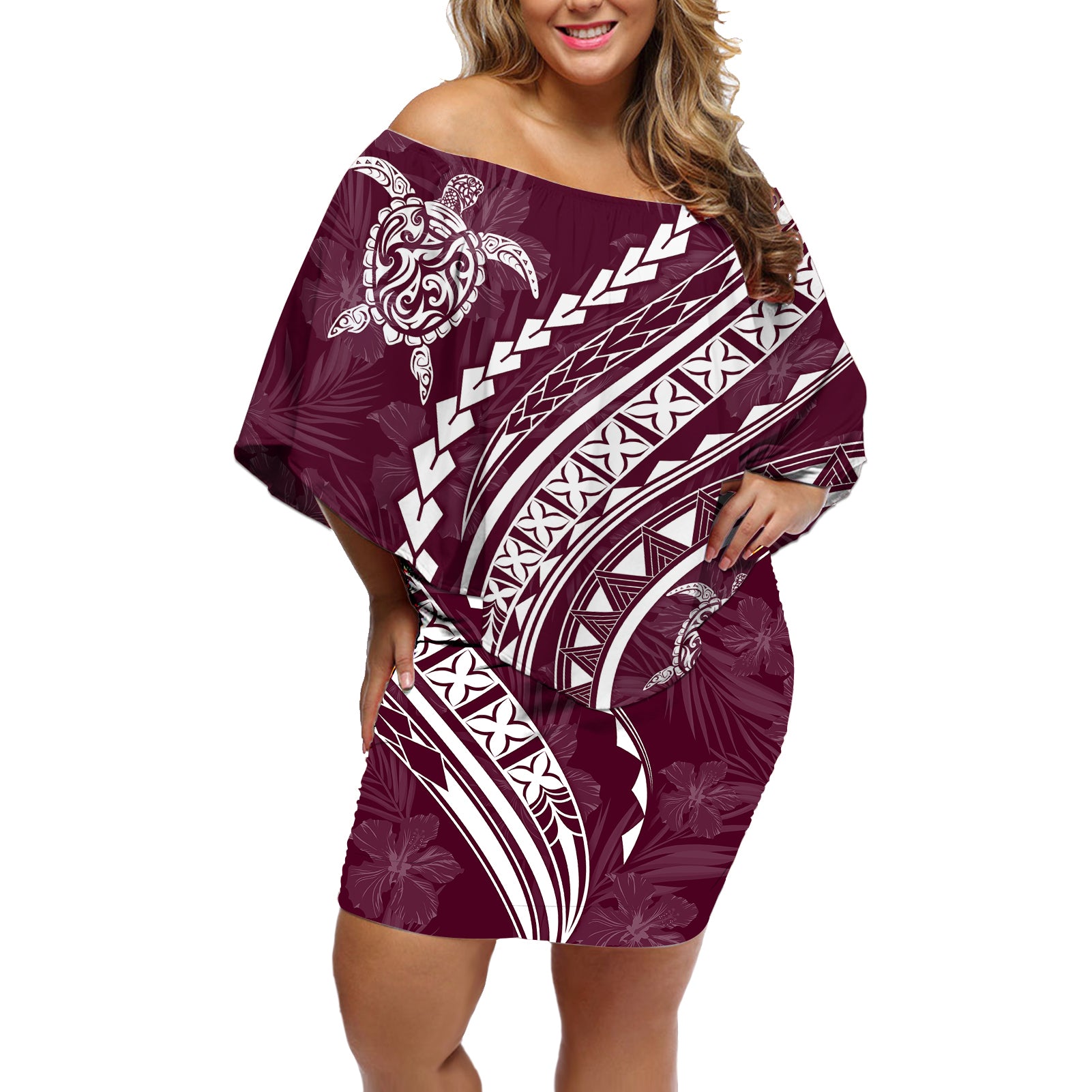 Polynesian Pride Off Shoulder Short Dress Turtle Hibiscus Luxury Style - Champagne - Wonder Print Shop