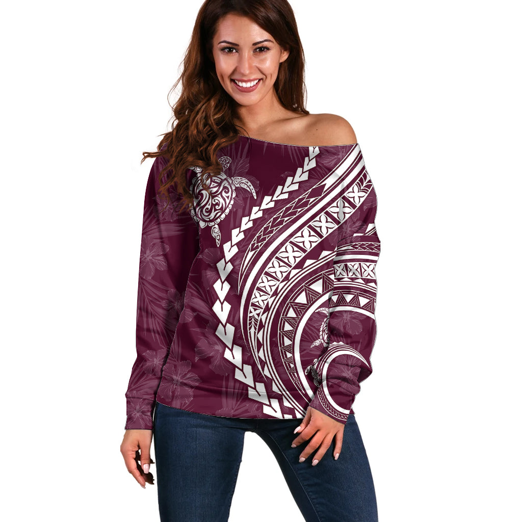 Polynesian Pride Off Shoulder Sweater Turtle Hibiscus Luxury Style - Champagne - Wonder Print Shop
