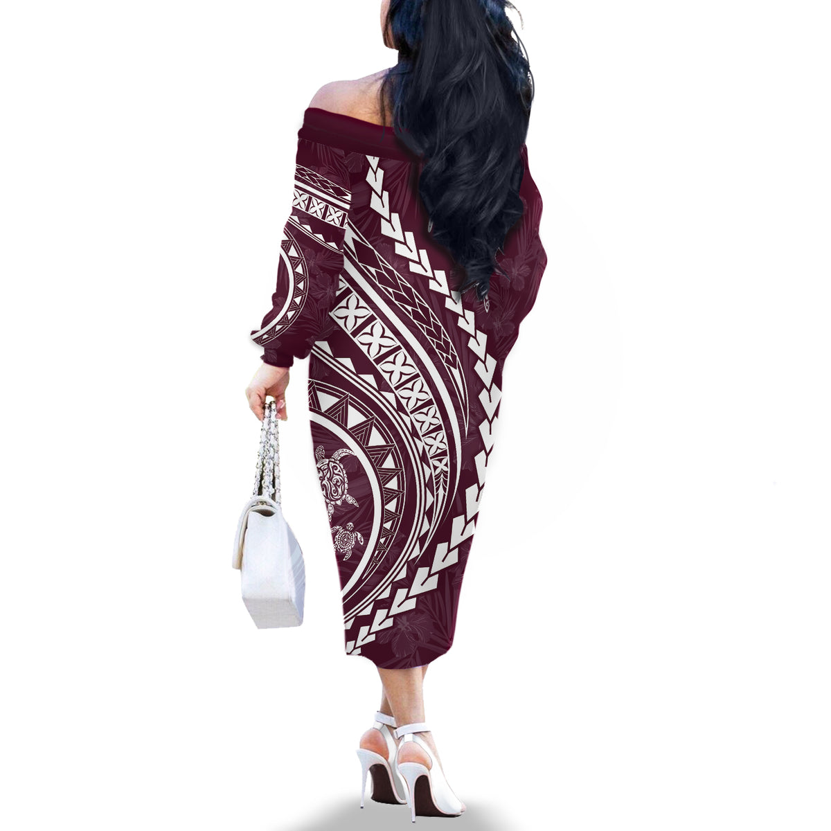 Polynesian Pride Off The Shoulder Long Sleeve Dress Turtle Hibiscus Luxury Style - Champagne - Wonder Print Shop