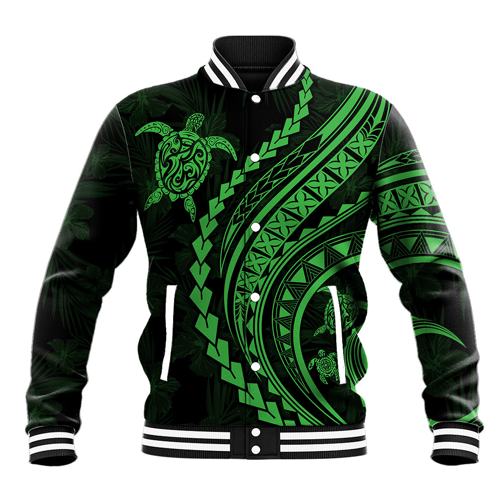 Polynesian Pride Baseball Jacket Turtle Hibiscus Luxury Style - Green LT7 - Wonder Print Shop