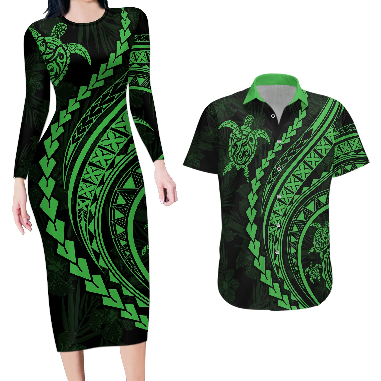 Polynesian Pride Couples Matching Long Sleeve Bodycon Dress and Hawaiian Shirt Turtle Hibiscus Luxury Style - Green LT7 - Wonder Print Shop