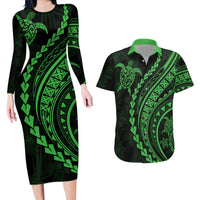 Polynesian Pride Couples Matching Long Sleeve Bodycon Dress and Hawaiian Shirt Turtle Hibiscus Luxury Style - Green LT7 - Wonder Print Shop