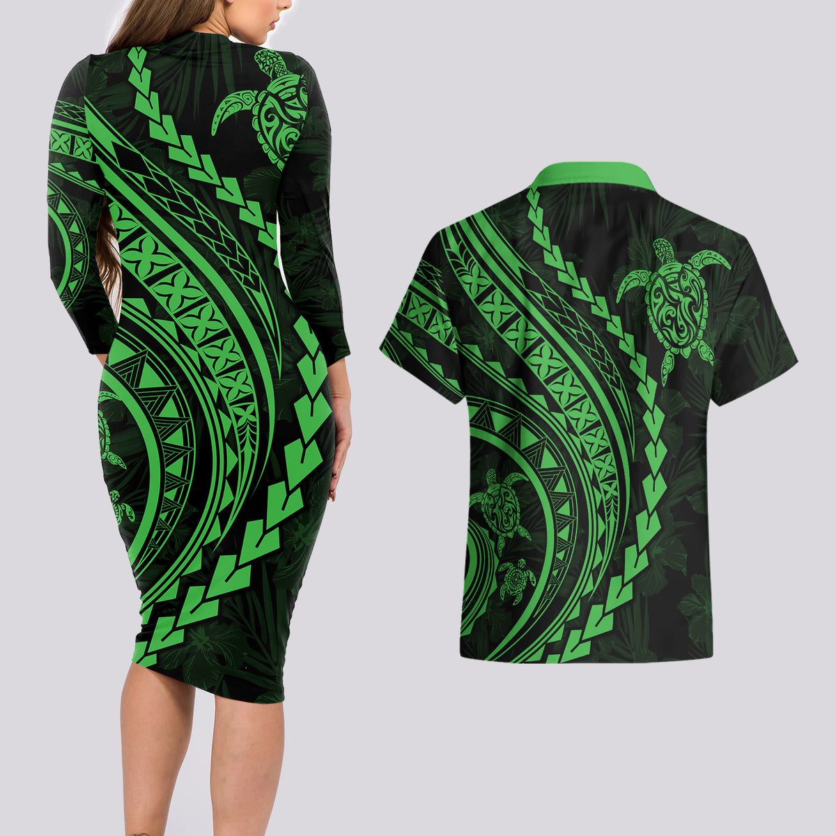 Polynesian Pride Couples Matching Long Sleeve Bodycon Dress and Hawaiian Shirt Turtle Hibiscus Luxury Style - Green LT7 - Wonder Print Shop