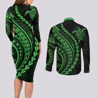 Polynesian Pride Couples Matching Long Sleeve Bodycon Dress and Long Sleeve Button Shirts Turtle Hibiscus Luxury Style - Green LT7 - Wonder Print Shop