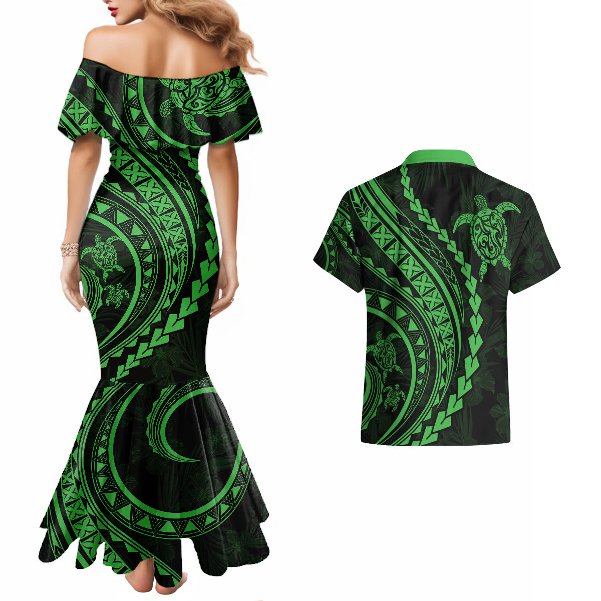 Polynesian Pride Couples Matching Mermaid Dress and Hawaiian Shirt Turtle Hibiscus Luxury Style - Green LT7 - Wonder Print Shop