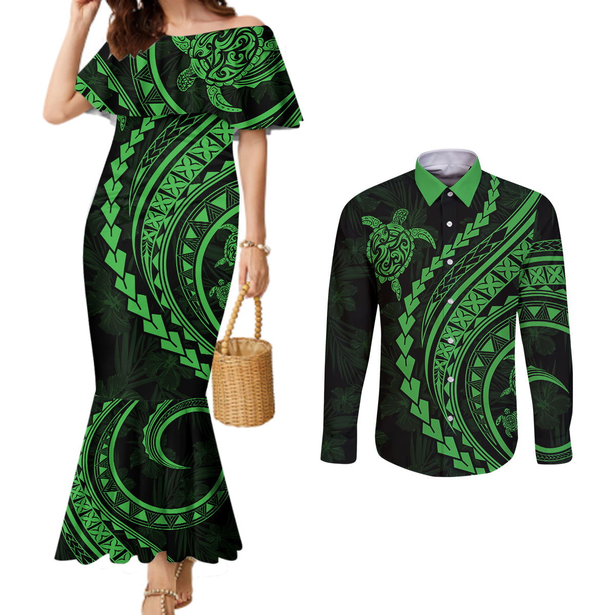 polynesian-pride-couples-matching-mermaid-dress-and-long-sleeve-button-shirts-turtle-hibiscus-luxury-style-green