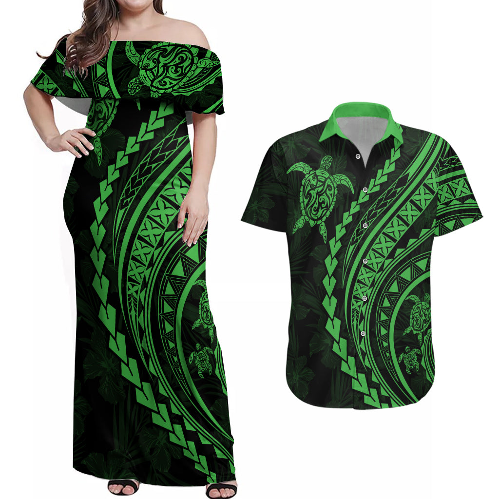 Polynesian Pride Couples Matching Off Shoulder Maxi Dress and Hawaiian Shirt Turtle Hibiscus Luxury Style - Green LT7 - Wonder Print Shop